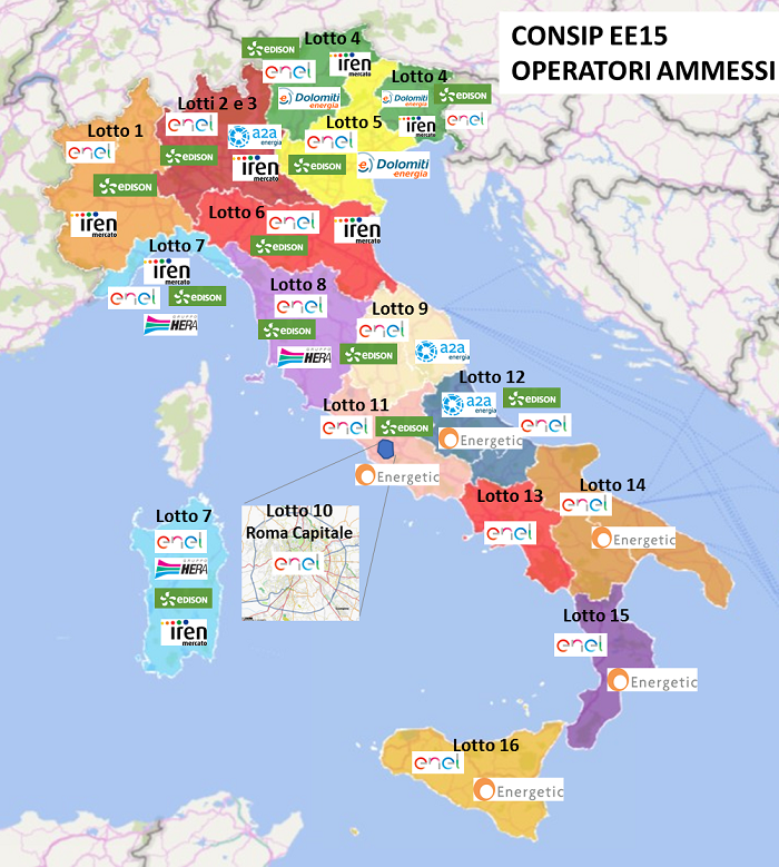 Mappa Italia lotti gara Consip EE15 operatori elettrici Enel Edison Energetic Iren distribuzione nazionale