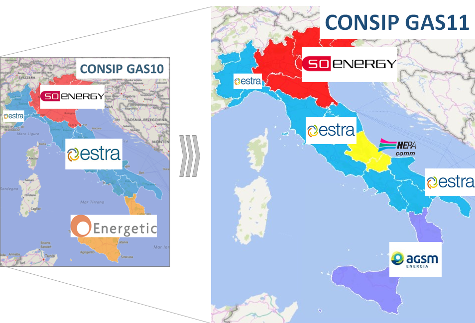 Mappa CONSIP GAS10 e GAS11 con distribuzione geografica fornitori energia Estra, Soenergy, Energetic, Hera Comm e Agsm in…