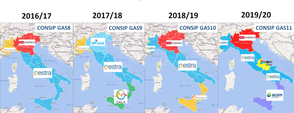 Mappe Italia fornitori aggiudicatari convenzioni gas 2016-2020 Estra Soenergy Spigas distribuzione territoriale