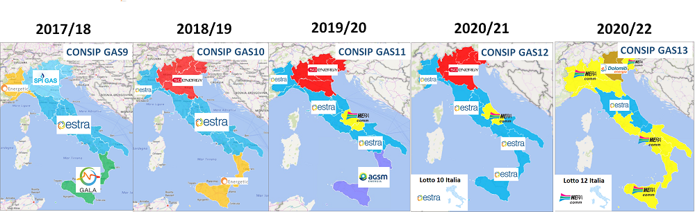 Evoluzione gare Consip Gas 2017-2022, mappe Italia con lotti aggiudicati per forniture gas naturale Evoluzione gare Consip Gas 2017-2022, mappe Italia con lotti aggiudicati per forniture gas naturale