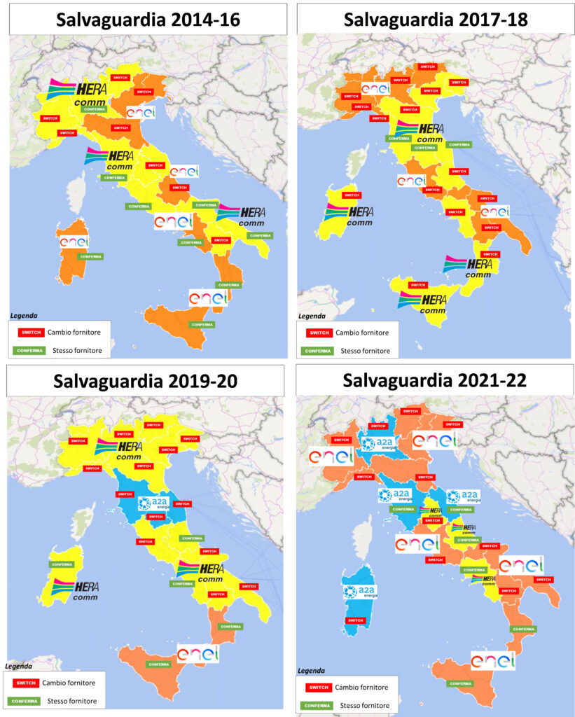 Evoluzione Salvaguardia 2014-2022: mappe Italia con fornitori energia e spread regionali per cambio fornitore Evoluzione Salvaguardia 2014-2022: mappe Italia con fornitori energia e spread regionali per cambio fornitore
