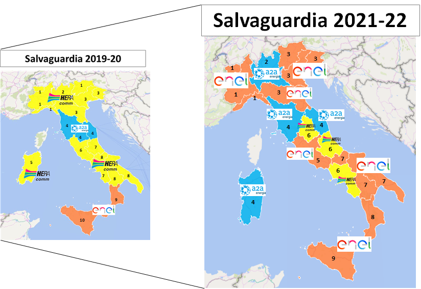 Mappa Italia Salvaguardia 2019-20 e 2021-22: confronto lotti Enel con variazioni prezzo per regione Mappa Italia Salvaguardia 2019-20 e 2021-22: confronto lotti Enel con variazioni prezzo per regione