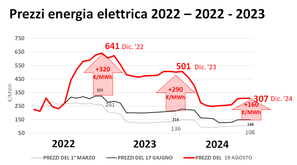 Grafico prezzi energia elettrica 2022-2023-2024 con picchi di aumenti a dicembre e confronto tariffe mensili Grafico prezzi energia elettrica 2022-2023-2024 con picchi di aumenti a dicembre e confronto tariffe mensili