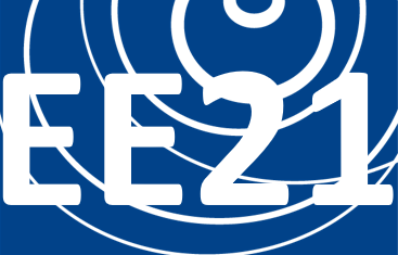 Logo EE21 asta energia elettrica con numero 21 stilizzato su sfondo blu scuro