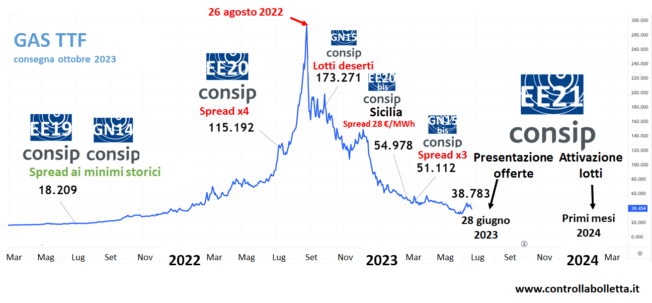 Grafico prezzi gas TTF da marzo 2022 a marzo 2024, con picco agosto 2022 a 173.271 e spreads Consip
