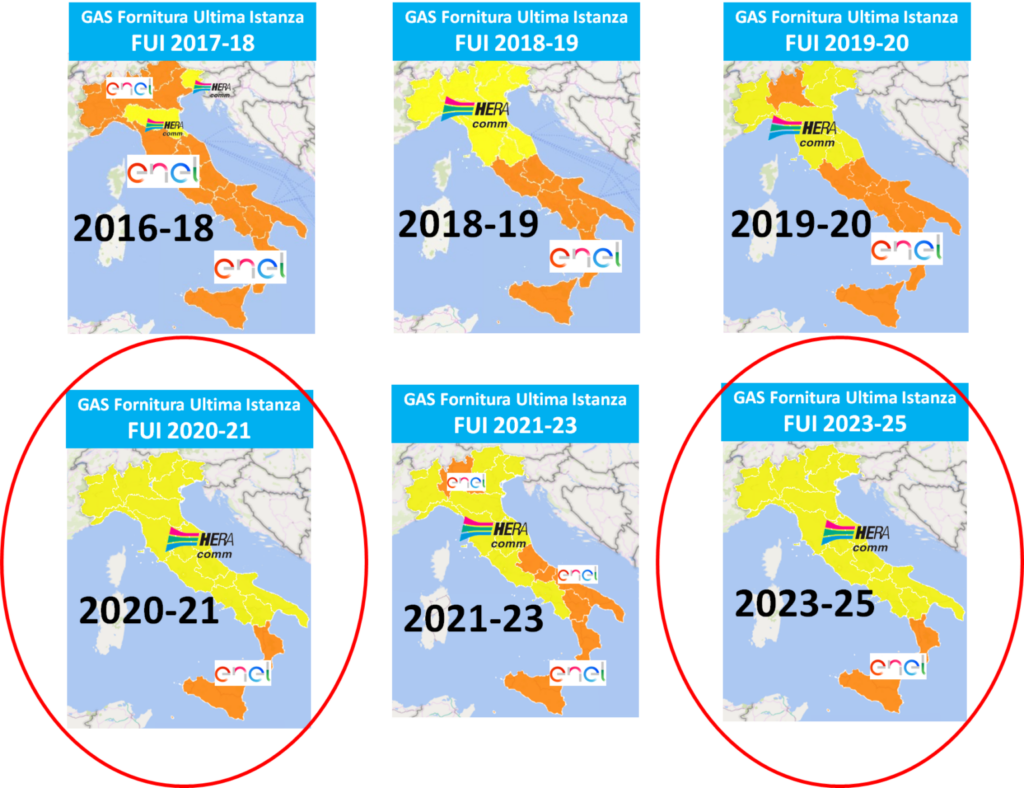 Mappe geografiche dell'Italia con distribuzione GAS Fornitura Ultima Istanza per Hera Comm ed Enel dal 2017 al 2025