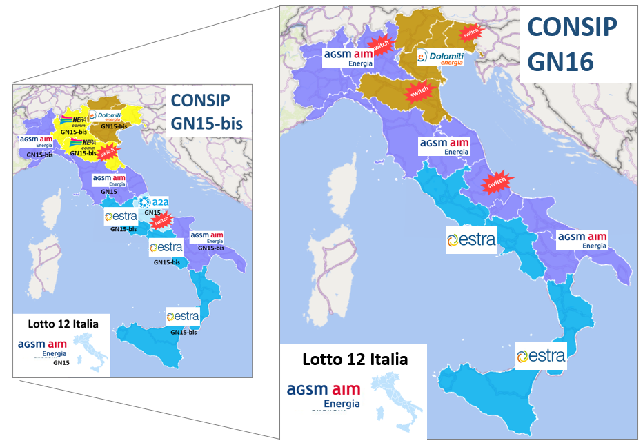 Mappa geografica CONSIP GN16 con distribuzione lotti energia tra AGSM AIM, Dolomiti, Estra e Hera in Italia Mappa geografica CONSIP GN16 con distribuzione lotti energia tra AGSM AIM, Dolomiti, Estra e Hera in Italia