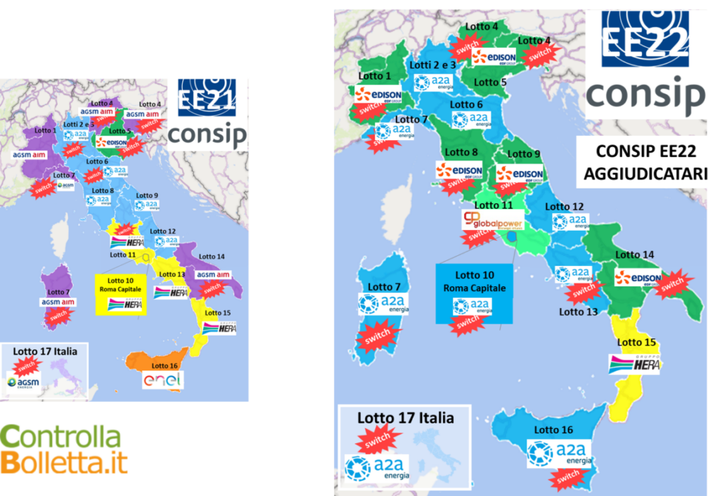Mappa Italia CONSIP EE22 aggiudicatari lotti energia elettrica fornitori EDISON AZA HEPA ENEL