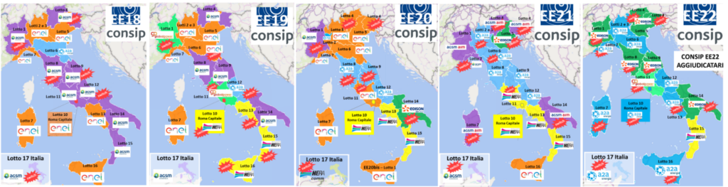 Mappe gare Lotto 17 Italia Consip EE22 con assegnazione lotti per operatori gas e energia elettrica