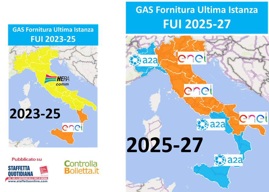 Mappa Italia fornitura gas ultima istanza 2023-25 e 2025-27 con aree Enel, Eni e A2A Mappa Italia fornitura gas ultima istanza 2023-25 e 2025-27 con aree Enel, Eni e A2A