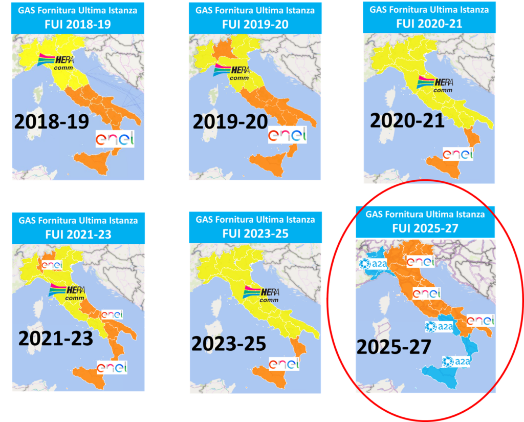Mappe evoluzione fornitura gas ultima istanza 2018-2027 con aree HERA, Enel e A2A in Italia Mappe evoluzione fornitura gas ultima istanza 2018-2027 con aree HERA, Enel e A2A in Italia