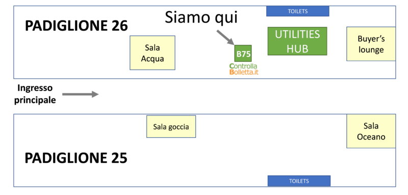 Piantina padiglioni 25-26 Accadueo 2025 con location stand ControllaBolletta.it sala acqua utilities hub Piantina padiglioni 25-26 Accadueo 2025 con location stand ControllaBolletta.it sala acqua utilities hub