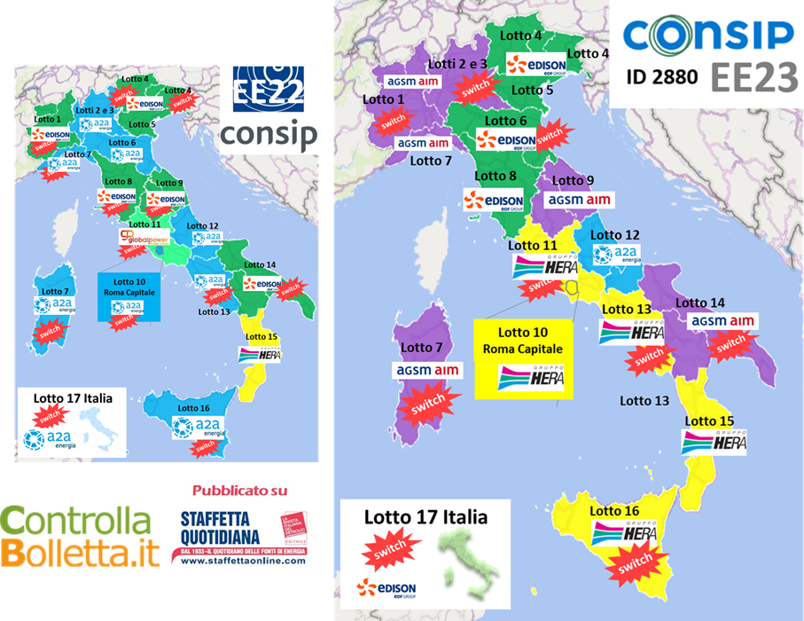 Mappa esito Consip EE23 Italia con lotti assegnati ad AGSM AIM, Edison, Hera Comm e Switch Mappa esito Consip EE23 Italia con lotti assegnati ad AGSM AIM, Edison, Hera Comm e Switch