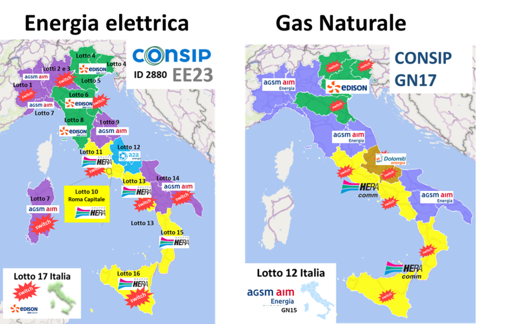 Mappa Italia gare Consip EE23 e GN17 energia elettrica e gas naturale per Edison Hera e AGSM AIM Mappa Italia gare Consip EE23 e GN17 energia elettrica e gas naturale per Edison Hera e AGSM AIM