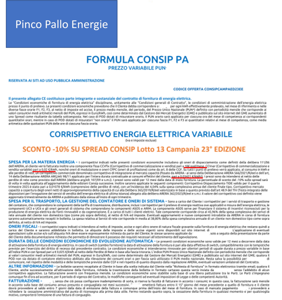 Formula CONSIP PA per energia elettrica variabile con sconto 10% su spread, esempio di CTE per pubbliche amministrazioni
