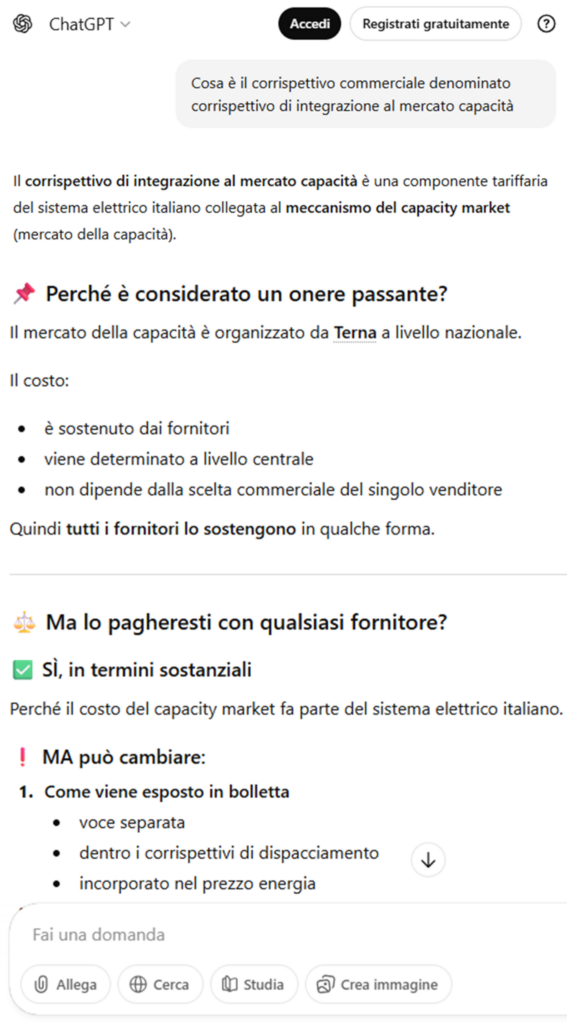 ChatGPT spiega il corrispettivo di integrazione al mercato capacità del sistema elettrico italiano