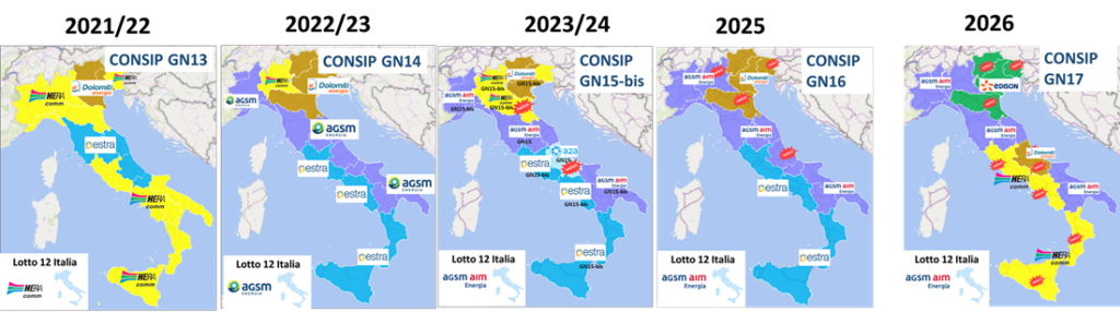 Mappe aggiudicazioni Lotto 12 Italia CONSIP GN13-GN17 2021-2026 con operatori AGSM Cestra MEDI ed Energia